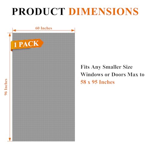 MAGZO Pet Proof Window&Door Screen Replacement Mesh, 60" W x 96" L, Best Vinyl Coated Polyester Dog Cat Resistant Heavy Duty, DIY Adjustable Net Netting Curtain Wire Fits Any Smaller Size, Black