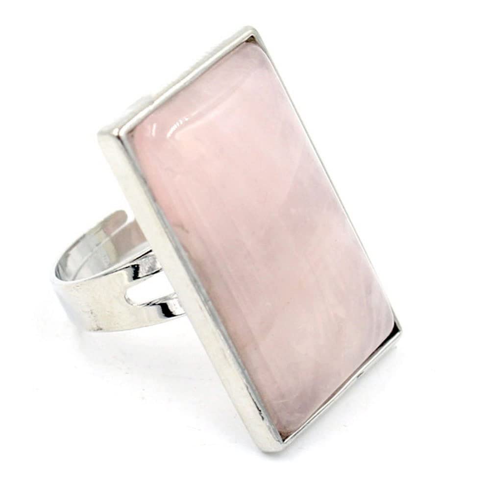 Natural Stone Rose Quartz Rings, Rectangular Natural Pink Crystal Gemstones Adjustable Statement Finger Ring Healing Crystal Spirit Chakra Birthstone Jewelry for Women, Stone