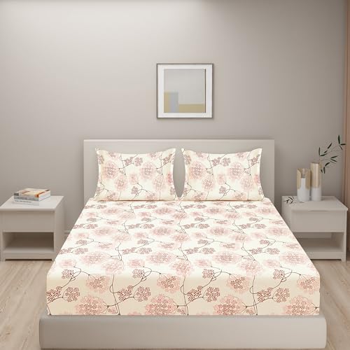 Image of Swayam Roto Cotton King Fitted Bedsheet with 2 Pillow Covers | Size 72 x 78 x 10 inch | 144 TC | Floral Design | Soft Breathable Bed Sheet | Comfortable & Durable for Bedroom - Beige & Purple