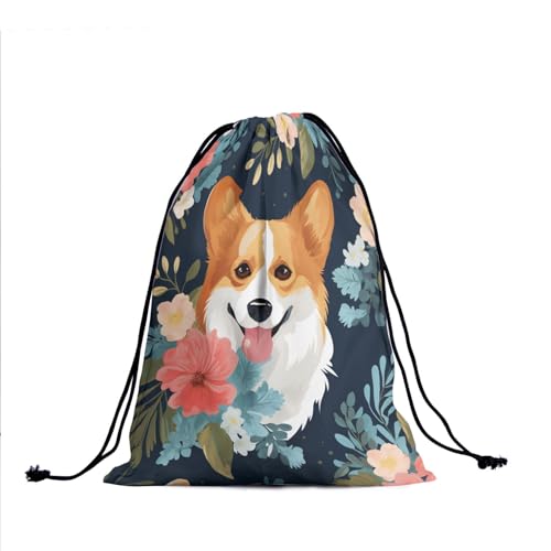 Image of Nerxy Floral Corgi Gymnastics Grip Bag - Corgi Dog Drawstring Grip Bags Puppy Shoe Bag Flowers Gym Drawstring Storage Pouch for Sports Party Favors