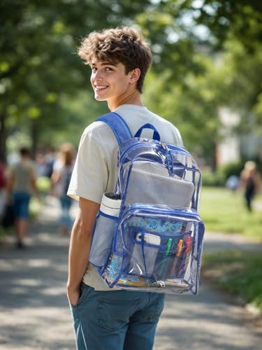 Image of Clear Backpack for School, 19 inch Large Heavy Duty-TPU See Through Bookbag for Boys Girls and Adult, Transparent Backpack With Multi-Pockets for College Work Gym Sport, Blue