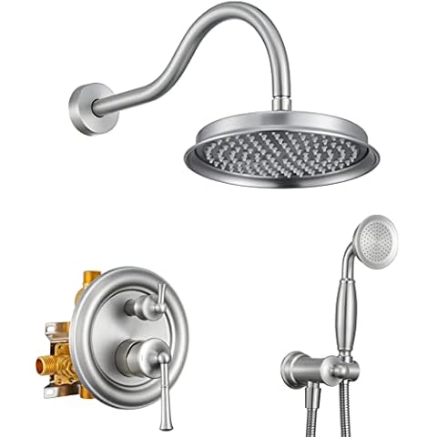 WINKEAR Shower System Faucet Set With Handheld Shower Bathroom Wall Mount Rough-in Valve and Water Supply Hose Included, Brushed Nickel Cover