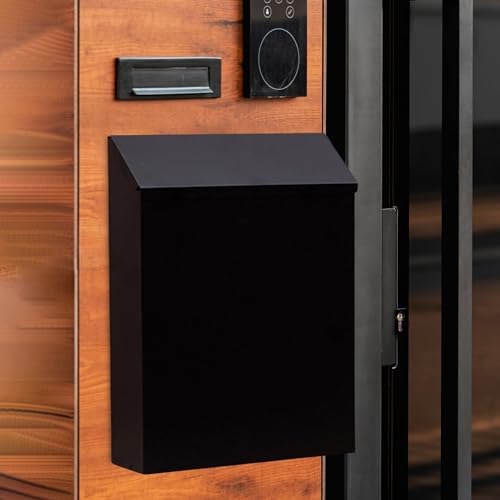 Image of Wall Mounted Mailbox Drop Box with Lock, Letterbox,Rainproof Newspaper Holder Box Wall Hanging Mail Box for Gate Porch Decor, Black