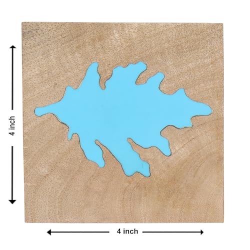 Image of Ireka Home Autumn Blue Coaster Set of 4, Mango Wood & Resin - Tea Cup, Coffee Mug & Glass Coasters for Dining Table & Home Decor