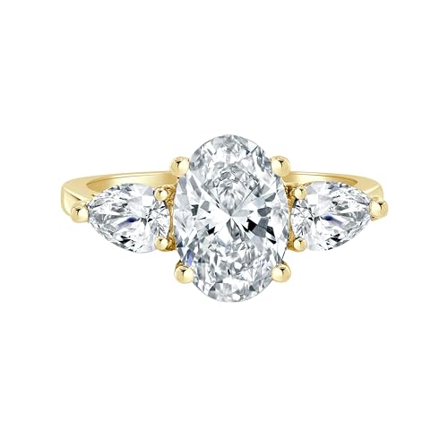 Diamond Wish 3 Carat Oval Lab Grown Diamond Three Stone Ring for Women - 14k Yellow Gold Engagement Ring for Her - Pear Side Stones (E-F, VS, 3 cttw) IGI Certified Wedding Promise Ring Size 5 to 8.52