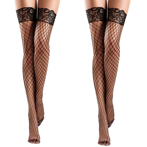 W-ZEST 2Pairs Fishnet Thigh High Stocking for Women Silicone Lace Top Sheer Over Knee Silky Stockings (US, Alpha, One Size, Plus, Regular, Black (large mesh))