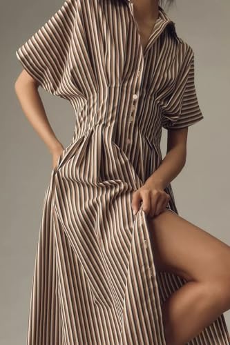 Women's Casual Short Sleeve Striped Shirt Dress V-Neck Maxi Beach Dresses2