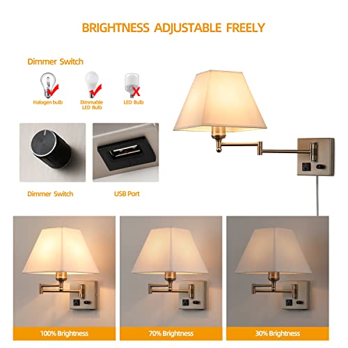 Plug in Wall Light,Swing Arm Wall Sconces with USB Port and Outlet,Wall Lamp with White Fabric Shade Dimmable Switch for Bedroom, Living Room , Office Nickel - Image 3