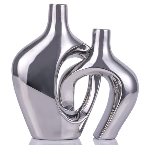 Lot de 2 vases creux en céramique argentée – Vases modernes de style nordique bohème pour décoration, vases décoratifs pour mariage, salon, bureau,...
