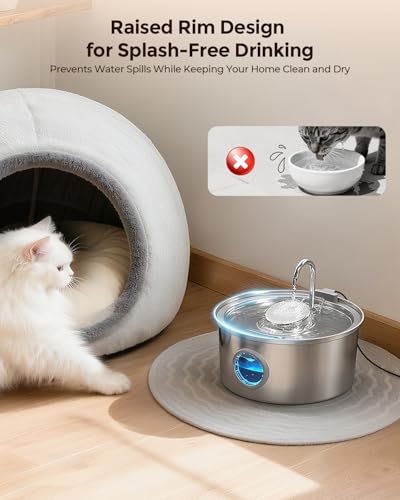 Invengo Katzenbrunnen Edelstahl, 3.2L Ultra-Leiser Trinkbrunnen für Katze mit Wasserstandsanzeige und 5-Fach Filtersystem - Haustierbrunnen für Katzen und Kleine Hunde, Inklusive 4 Ersatzfiltern