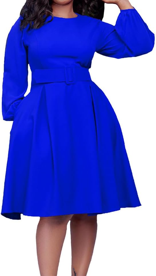 Elainone Women Long Sleeve A Line Dress with Belt Church Wedding Guest Semi Formal Office Dresses