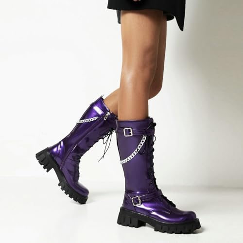 Parisuit Womens Lug Sole Platform Combat Boots Chunky Heel Knee High Goth Boots Lace Up Mid Calf Boots with Buckle and Chain4