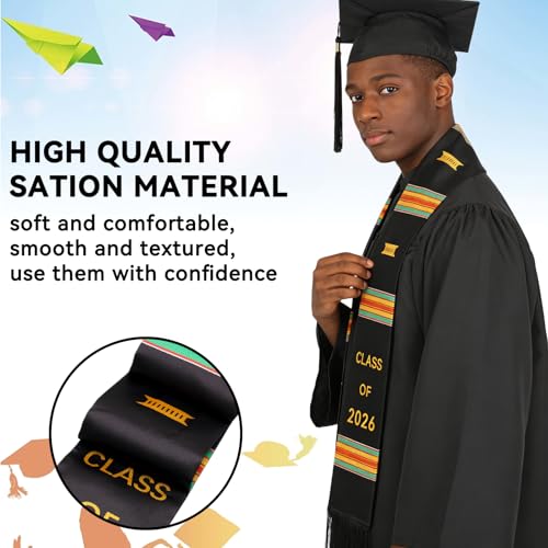 Image of Graduation Kente Stole CLASS OF 2026 Graduation Ghanaian Style Black Sash African Grad Stole for College Unisex Celebrate