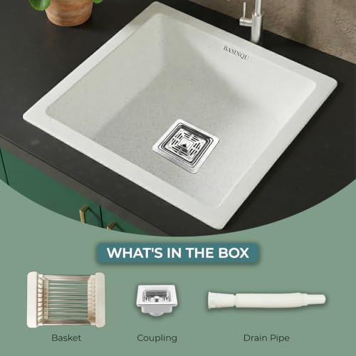 Image of BASINQU Quartz Sink for Kitchen | 18x16x9 Inches Sand-Pluto Single Bowl Kitchen Sink | Granite UV Protected, Granite Scratch Resistant, Undermount /Topmount