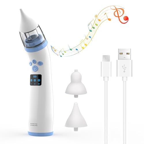 Aspirador nasal eléctrico para bebé, aspirador nasal portátil para bebé, aspirador nasal automático con 2 puntas de silicona, succión ajustable de 3 niveles, función calmante de música y luz