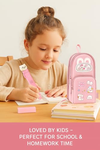Image of Kawaii Cute Rabbit Pencil Pouch for Kids with Cute Cat Eraser Set | 6-Layer Multi-Pocket Pen Bag for Girls | School Stationery Kit Combo | Cute Bunny Design Pink Pouch