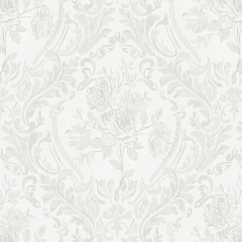Ismoon Peel and Stick Wallpaper Vintage Floral Contact Paper Boho White and Grey Watercolor Damask Wallpaper Textured Removable Self Adhesive Vinyl Wall Paper for Bedroom, 17.3 in X 6.5 ft