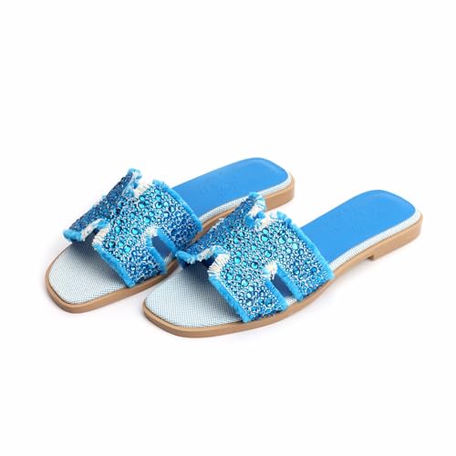 XOBZJH Evening Dress Shoes Rhinestone H-Band Black Flat Sandals for Women 2025,Designer Luxury Crystals Slides Sandals for Wedding Party Slippers Footwear