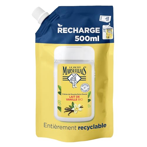 Le Petit Marseillais | Recharge Crème de Douche Extra Douce Lait de Vanille Bio (écopack de 500 ml) – 92% d'ingrédients d'origine naturelle – pH neutre pour la peau et sans colorant
