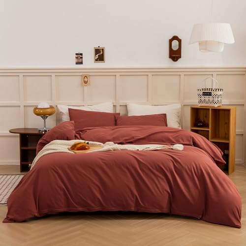 Image of ECOCOTT Duvet Cover Queen Size - Linen Feel Organic Natural 100% Washed Cotton, Soft Breathable 3 Pieces Bedding Set with Zipper Closure, Burnt Brick Red