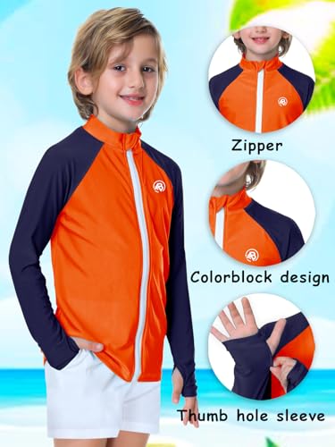 AOBUTE Swim Shirts for Boys SPF 50+ Color Block Long Sleeve Summer Rash Guard with Thumb Holes Orange Navy 11-12Y2