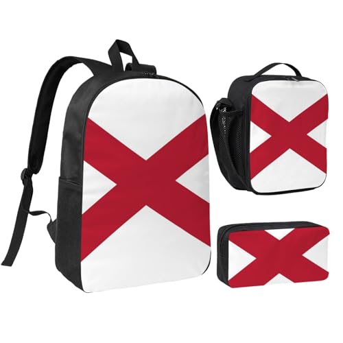 Alabama State Flag print Shoulder Bookbags Lunch Bag and Pen Case 17 inches Backpack with Lunch Box, Cute Bookbag Set