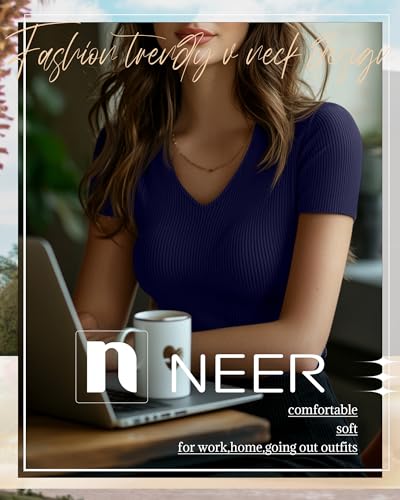 Neer 4 Pack Women's V Neck T-Shirts Cotton Short Sleeve Ribbed Slim Fit Tops Casual Summer Basic Tee Multipack 5