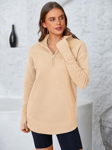 Image of PRETTYGARDEN Womens Long Sleeve Quarter Zip Pullover Sweater | Casual Loose V Neck Sweaters with Thumb Hole, Collared Ribbed Knit Jumper Tops, Oversized Tunic Tops, Fall Outfits 2026