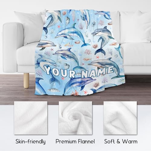Custom Dolphin Blanket with Name for Kids, Cute Soft Gifts for Ocean Lovers, Cozy Flannel Throw for Couch Sofa, 30"x40"