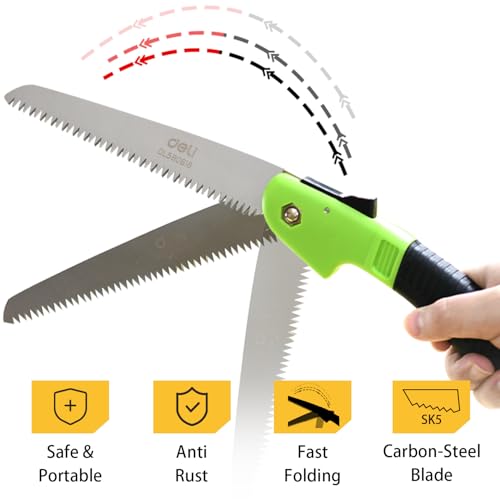 Image of Deli DL580618 9 inch Folding Saw with 65Mn Steel Blade ABS Handle 3-Sided Grinding Teeth Secure Lock Handsaw for Pruning Gardening Camping Wood Cutting Tree Branch (Pack of 1,Green & Black)