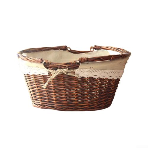 Cesta de almacenamiento de ratán tejido con asas, cesta de picnic de paja natural para actividades al aire libre y organización del hogar, 32 x 22 x 16 cm (marrón)
