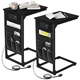 AMHANCIBLE C Shaped End Table with Charging Station, TV Tray Set of 2, Couch Tables with Storage Bag, Slide Under Sofa Side Table with USB Ports and Outlets for Living Room, Black, HET04CBK