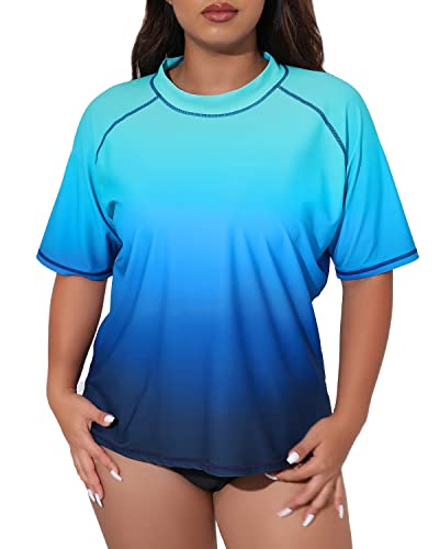 Halcurt Women's Plus Size Short Sleeve Rash Guard Swim Shirts Top Only Loose Fit Swim Tee UPF50+ Swimsuit Ombre Blue 3X