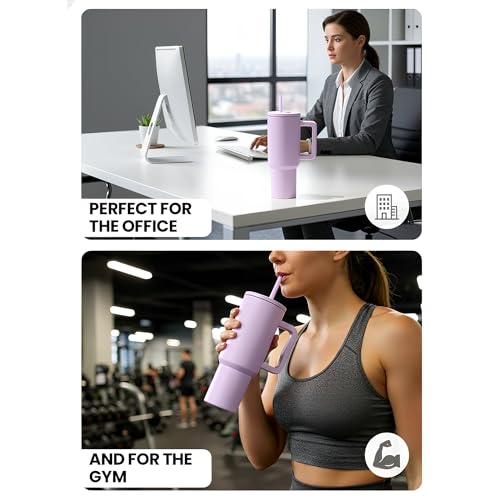 Image of Personalised 1200ml Insulated Stainless Steel Tumbler with Handle and Straw Lid - Large Travel Mug for Coffee & Water, Double Wall Vacuum Cup, Car Cupholder Friendly (Lavender Mist)