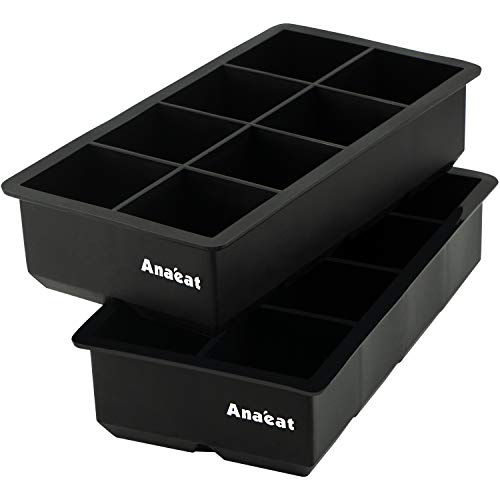 Anaeat Große Silikon-Eiswürfelformen 2er-Pack, wiederverwendbare quadratische Eiswürfelschalen, einfach zu lösen für Whiskey, Cocktails, Suppen, Babynahrung und gefrorene Leckereien (Schwarz-8 Würfel)