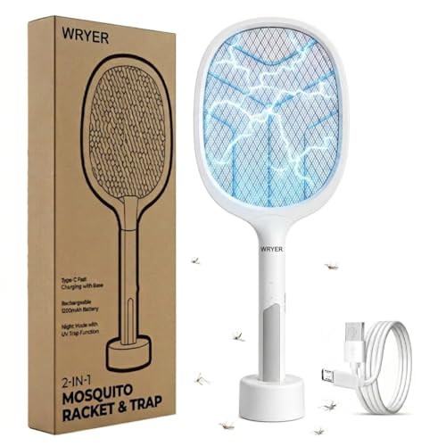 Image of 2 in 1 Mosquito Killer Racket with UV Light | Manual & Auto Kill Modes | Rechargeable Lithium Battery | Type-C USB Charging | Electric Mosquito Bat with Base Stand (White)
