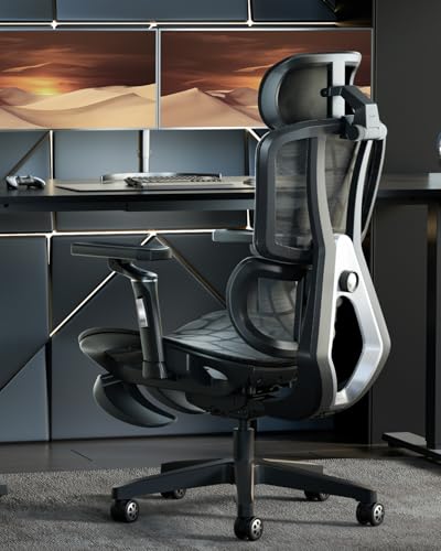 AutoFull G5 Ergonomic Office Chair with 6D Lumbar Support, 360° Adjustable Armrest, Reclining Computer Mesh Chair with Footrest, Sliver