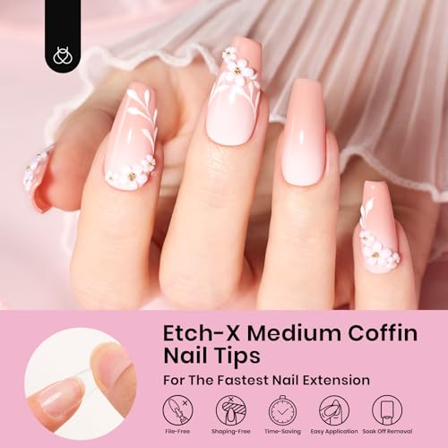 Image of Beetles Gel Nail Tips Medium Coffin 576PCS Etch X Nail Tips, 12 Sizes Pre Shaped Half Matte Press On Nails Full Cover False Nails Acrylic Nails Glue on Nails Extensions Set for Women Home DIY