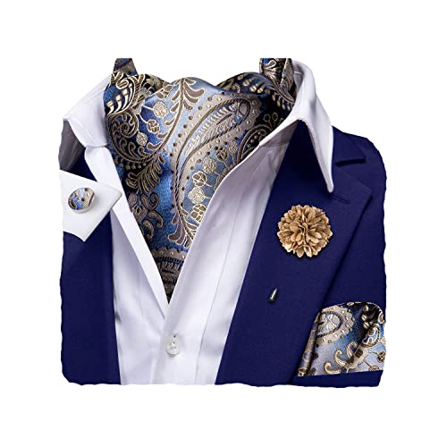 Hi-Tie Men's Cravat And Flower Lapel Pin Set Jacquard Silk Ascot Handkerchief Cufflinks For Wedding Party Daily Dress