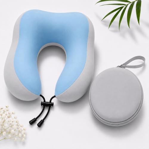 Image of Memory Foam Travel Neck Pillow with Portable Storage Case | Soft U-Shaped Neck Support Cushion for Airplane, Car, Train & Office | Lightweight Ergonomic Travel Pillow (Grey and Blue)