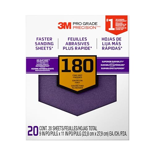 3M 26180CP-P-G 180 Grit Pro Grade No-Slip Grip Advanced Sandpaper (20 Pack), 9 x 11", Purple