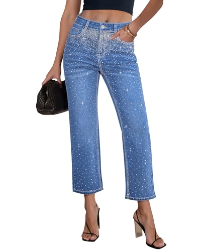 GRAPENT Night Out Outfit for Women Jeans with Rhinestones Glitter Jeans for Women Classic Blue Medium Fits US Size 8 to 10