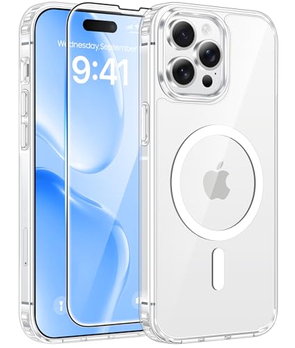 Image of FNTCASE for iPhone 14 Pro Case: [Compatible with Magsafe] [Screen Protector] Anti Yellowing Transparent Clear Magnetic Phone Cover - Military Grade Shockproof Drop Proof Protective Cases - Clear