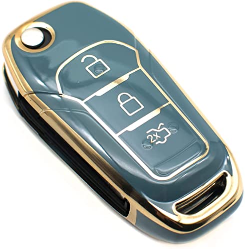 Image of JVCV Gold Border TPU Key Cover Compatible with Ford Endeavour Figo Aspire Freestyle 3 Button Folding Key - Glossy Protective Flip Key Case (Grey)
