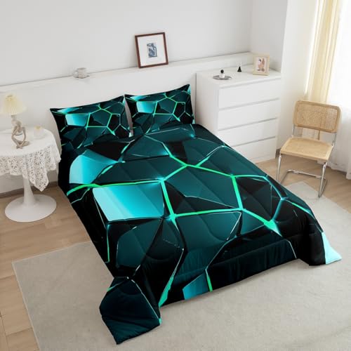 Image of Feelyou Blue Green Hexagon Comforter Stereoscopic Honeycomb Comforter Set for Kids Geometrics Beehive Bedding Set Geometric Honeycomb Duvet Set Simplistic Room Decor Quilt King Size Boys