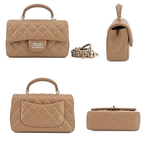 Image of M-ioi-M Small Quilted Crossbody Bag for Women, Genuine Leather Mini Shoulder Flap Purse with Gold Chain Strap & Top Handle