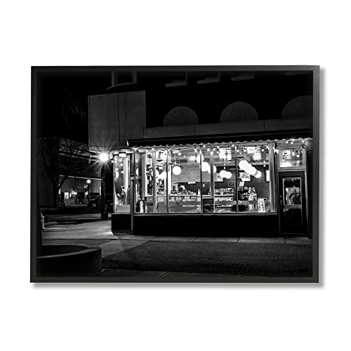 Stupell Industries Urban City Diner Architecture Nighttime White Photography, Designed by Daniel Sproul Black Framed Wall Art, 20 x 16, Grey