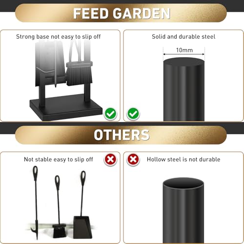 FEED GARDEN Fireplace Tools Set 5 Pieces, 30 Inch Modern Wrought Iron Outdoor Fireplace Accessories Set Long Holder Indoor with Poker, Tongs, Shovel, Brush, Base Black - Thumbnail 5