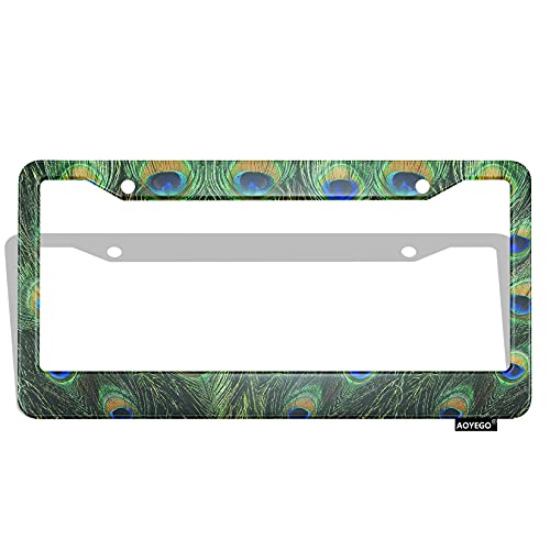 Aoyego Peacock Feathers License Plate Covers Male Peacock Displaying Tail Feathers Bird Animal Novelty License Plate Frames Metal Tags Protector For Us Standard Car Accessories #TOP20