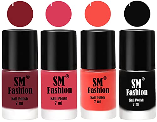 Nail Polish Combo Set (Pack of 4) Quick Dry Gel Finish Nail Paint | Lip,Rose,Coral,Black | 7 ml Each